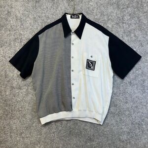 Alan Stuart Button Front Shirt Mens XL White Black Vintage Colorblock Banded Hem